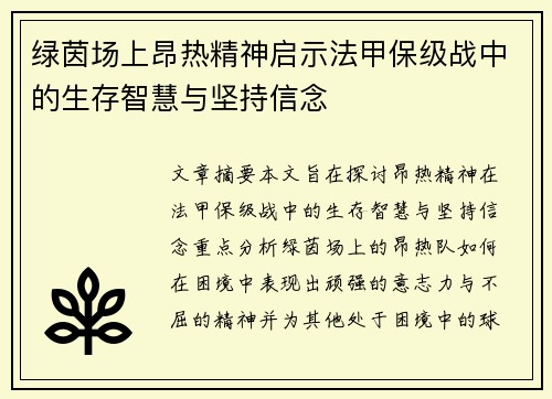 绿茵场上昂热精神启示法甲保级战中的生存智慧与坚持信念