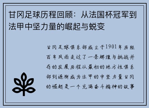 甘冈足球历程回顾：从法国杯冠军到法甲中坚力量的崛起与蜕变