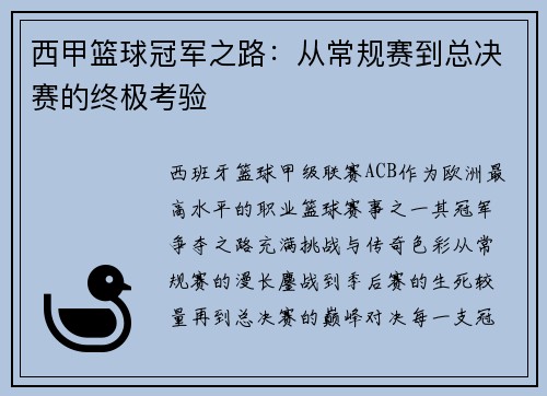 西甲篮球冠军之路：从常规赛到总决赛的终极考验
