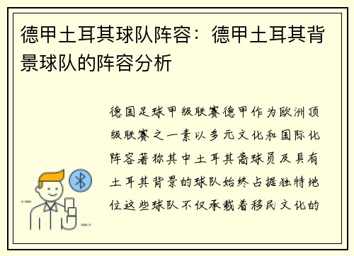 德甲土耳其球队阵容：德甲土耳其背景球队的阵容分析