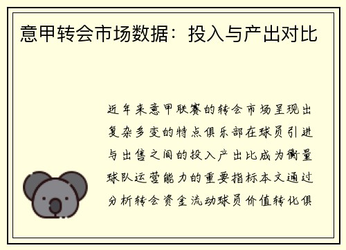 意甲转会市场数据：投入与产出对比