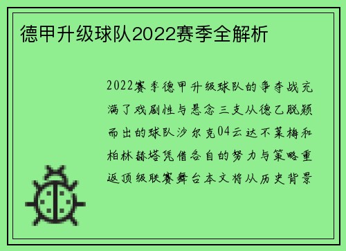 德甲升级球队2022赛季全解析